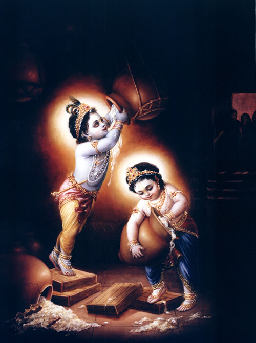 Krsna and Balarama stealing butter