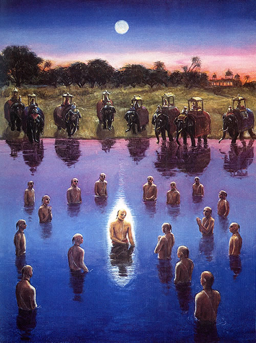 A scene from the Caitanya Caritamrta. Lord Caitanya and His associates perform sandhya vandana (prayers at twighlight) in a sacred river.