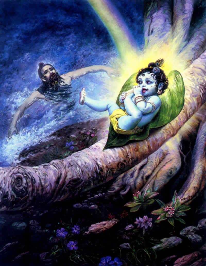 Markandeya Rsi having darshan of Krsna sucking His toe.