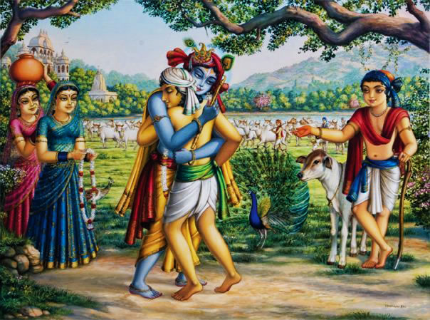 Krsna greeting a devotee who returns to Him.