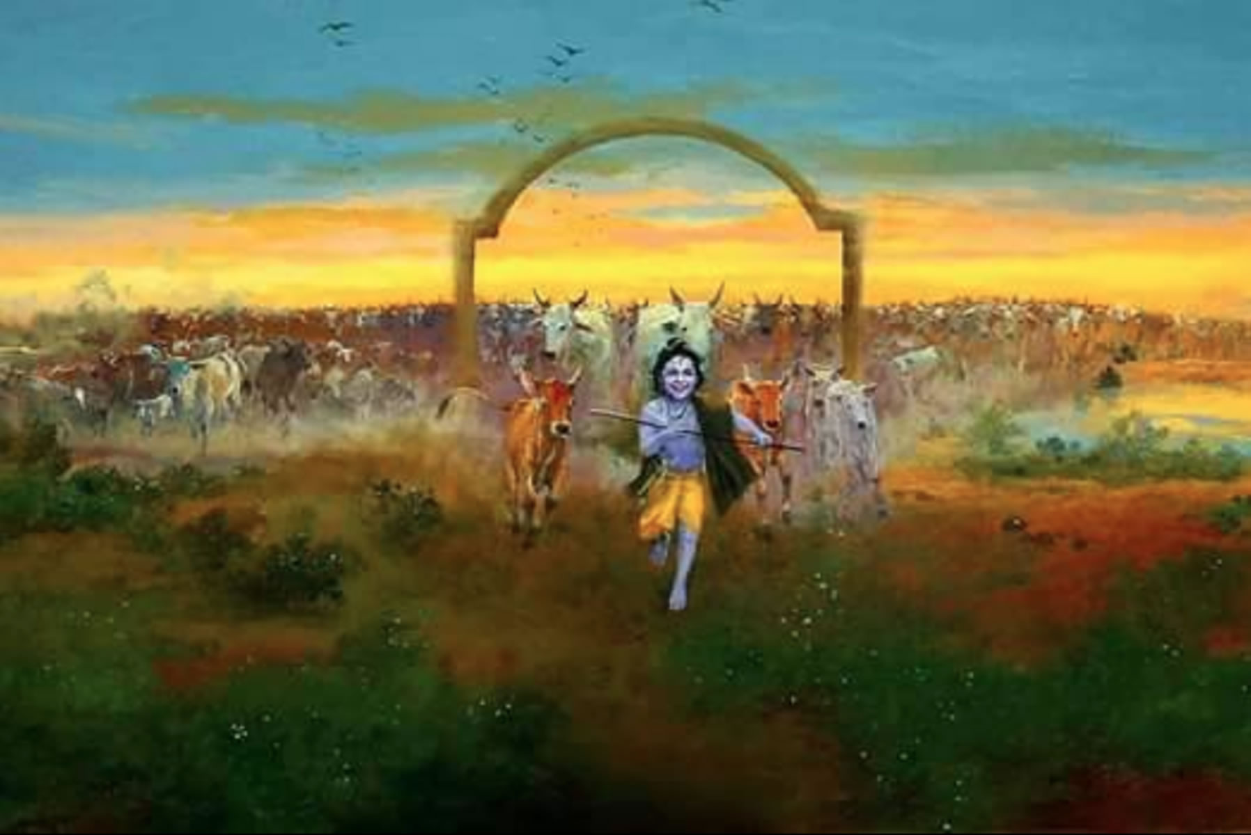 Cows following Krsna