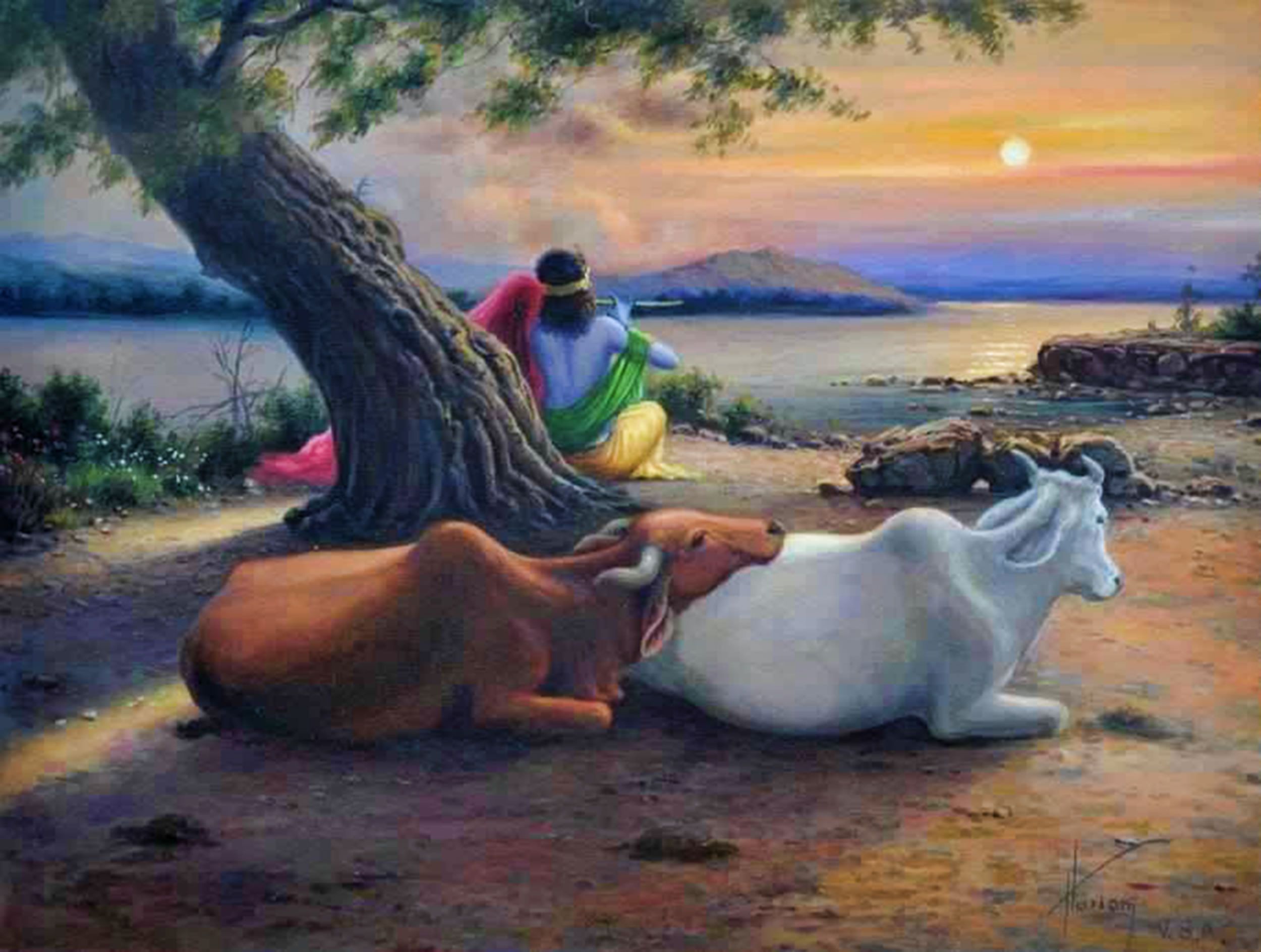 Radha and Krsna with cows at sunset