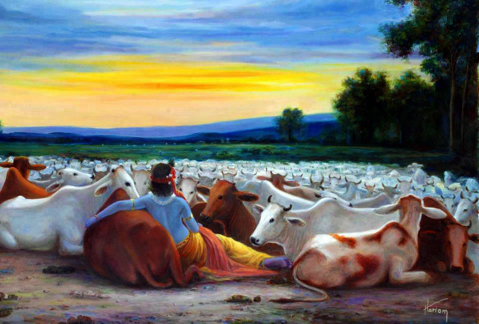 Krsna plays flute in moonlight with His cows