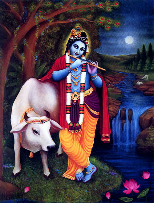Krsna plays flute in moonlight with His cows