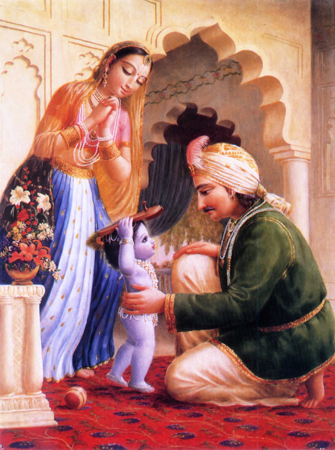 Baby Krsna holding shoes on His head.