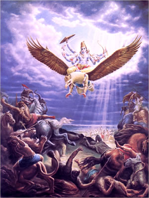 Mounted on Garuda Lord Visnu battles the demons.