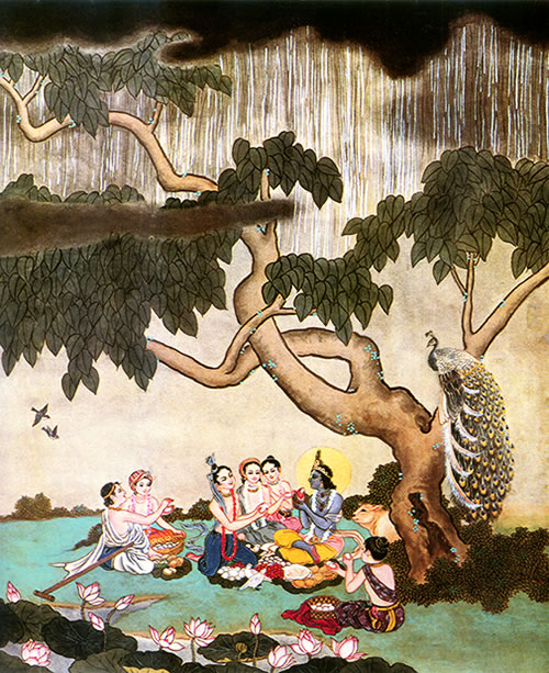 Krsna enjoys lunch with His friends under a tree