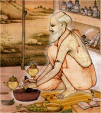 A Vaidya-Ayurvedic physician prepares medicine in his ashrama.